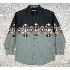 Panhandle Boys Western Rodeo Bull Skull Gray Snap Shirt Sz L 14 Long Sleeve